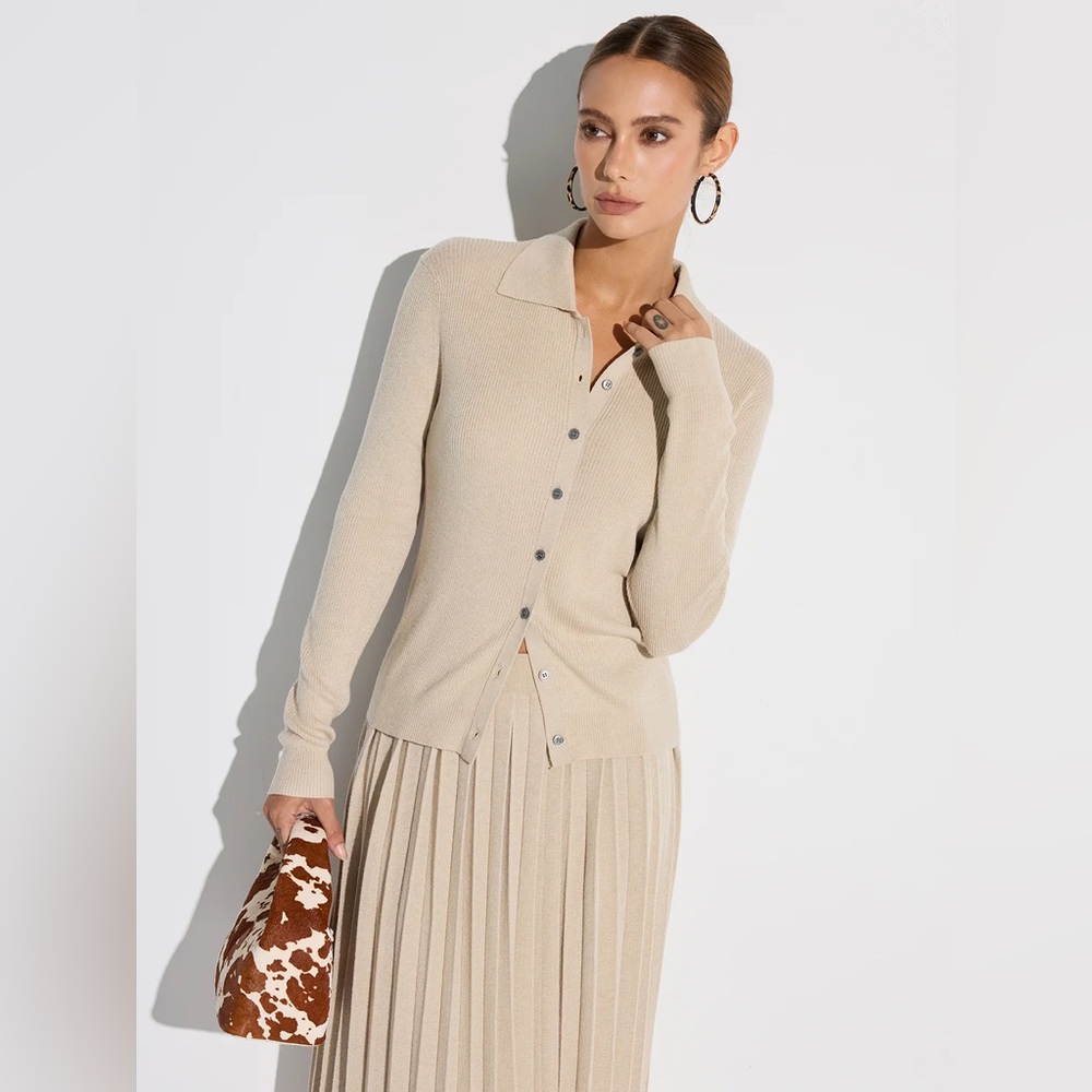 COMMENSE Ribbed Wool Blend Polo Collar Cardigan - size Medium